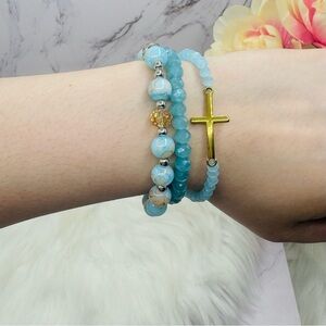 Stainless Steel Cross beaded Arm Candy  Bracelet -  Blue Marine